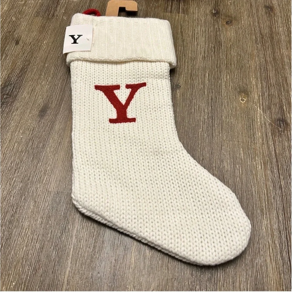 Cream Knit Christmas Stocking Red Letter Y Monogram Personalized Holiday Décor